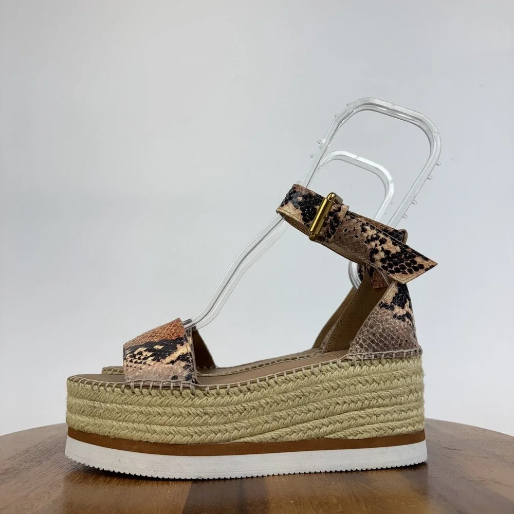 New Womens See By Chloe Glyn Snakeskin Print Platform Espadrille Sandals Size 37
